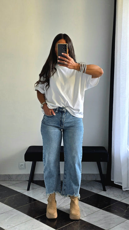 Jean Balloon Crop – Délavé Bleu Authentique