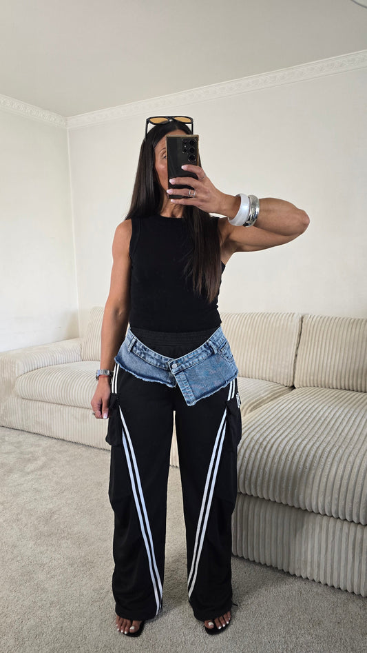 Pantalon jogging noir détails denim – esprit sporty chic