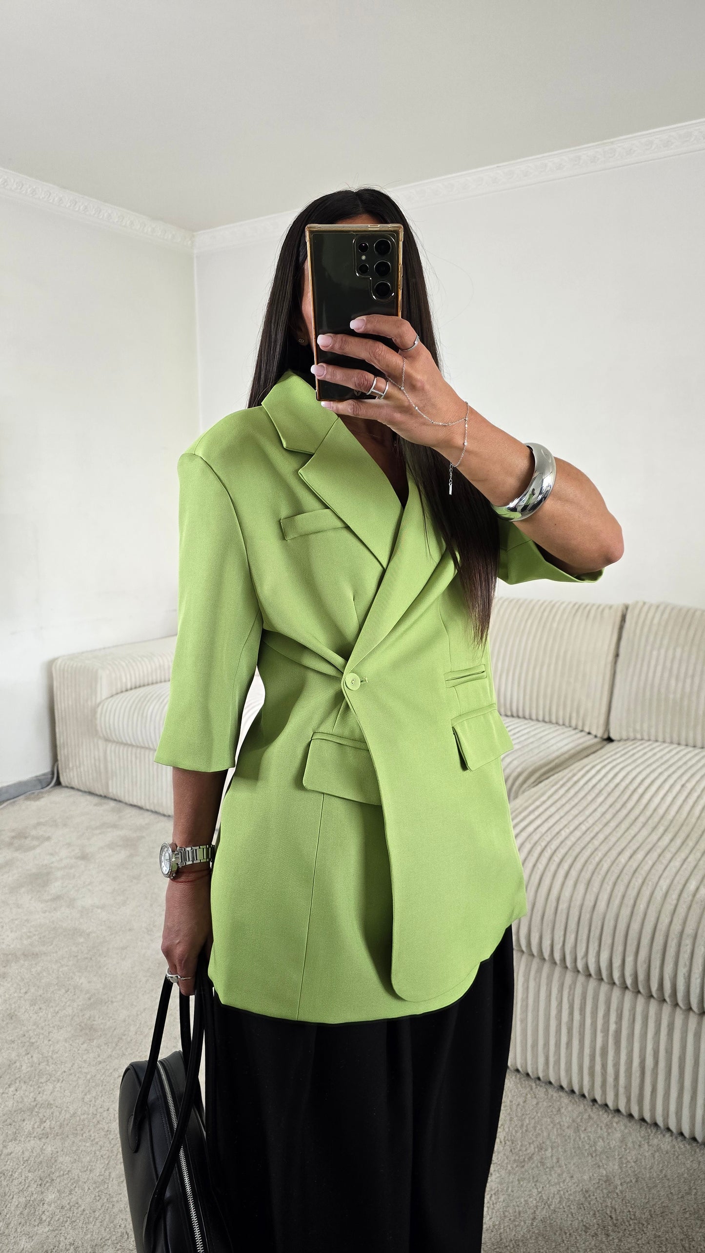Blazer vert matcha manches courtes ajustable – style chic & sophistiqué