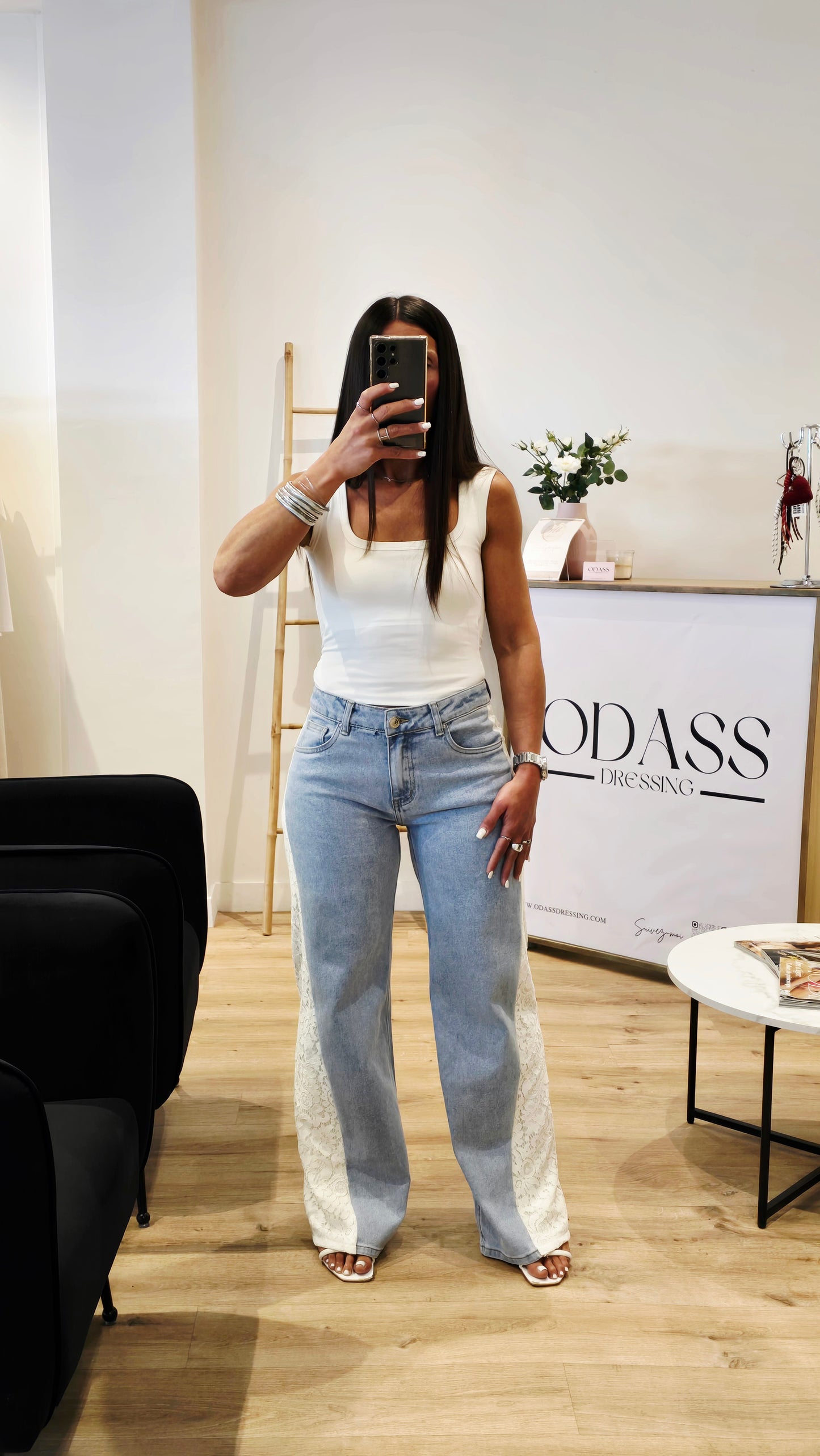 Jean Wide Leg Détail Dentelle - Bleu Clair