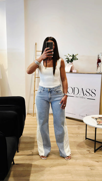 Jean Wide Leg Détail Dentelle - Bleu Clair