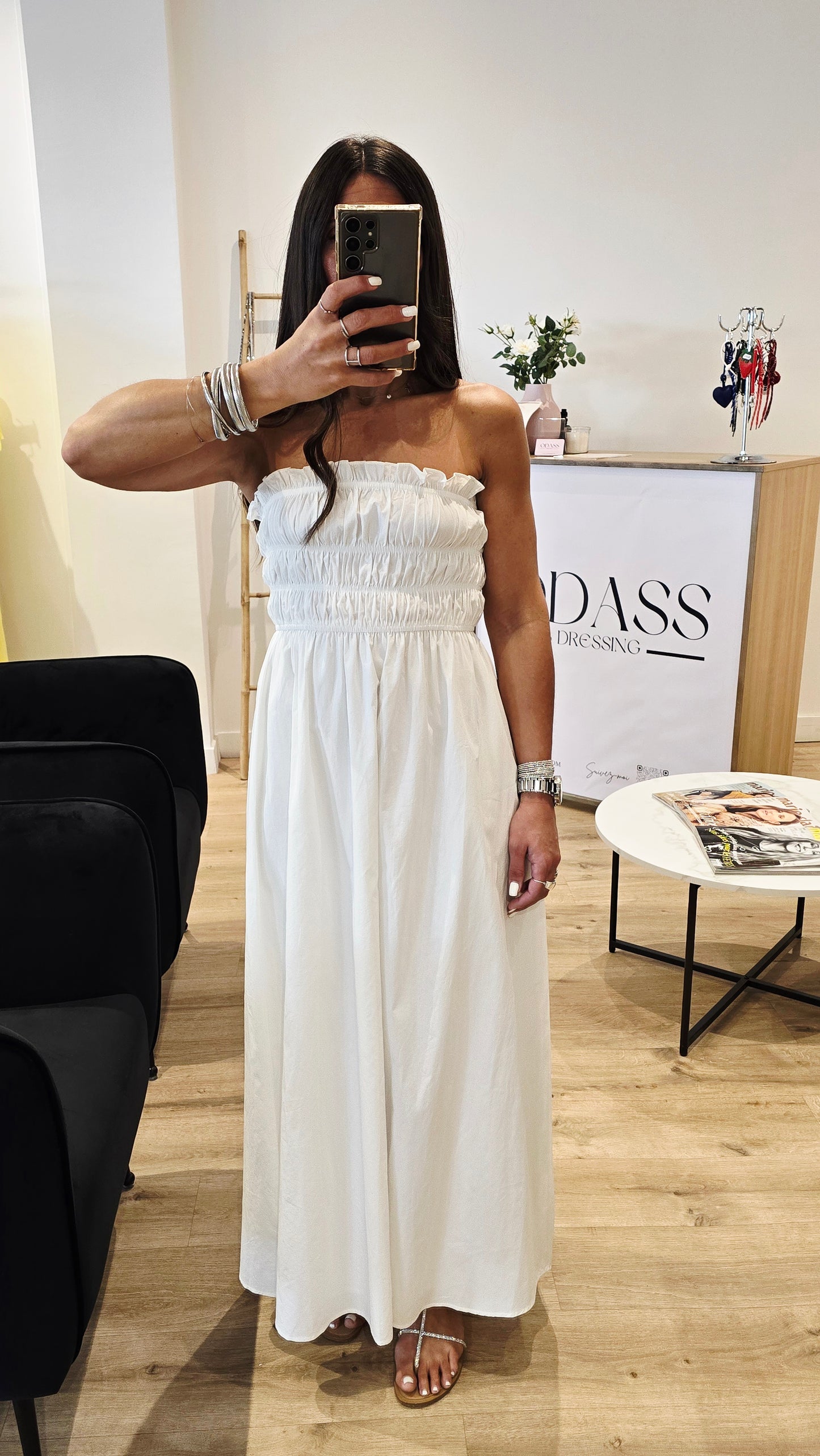 Robe longue smockée en popeline – 100 % coton