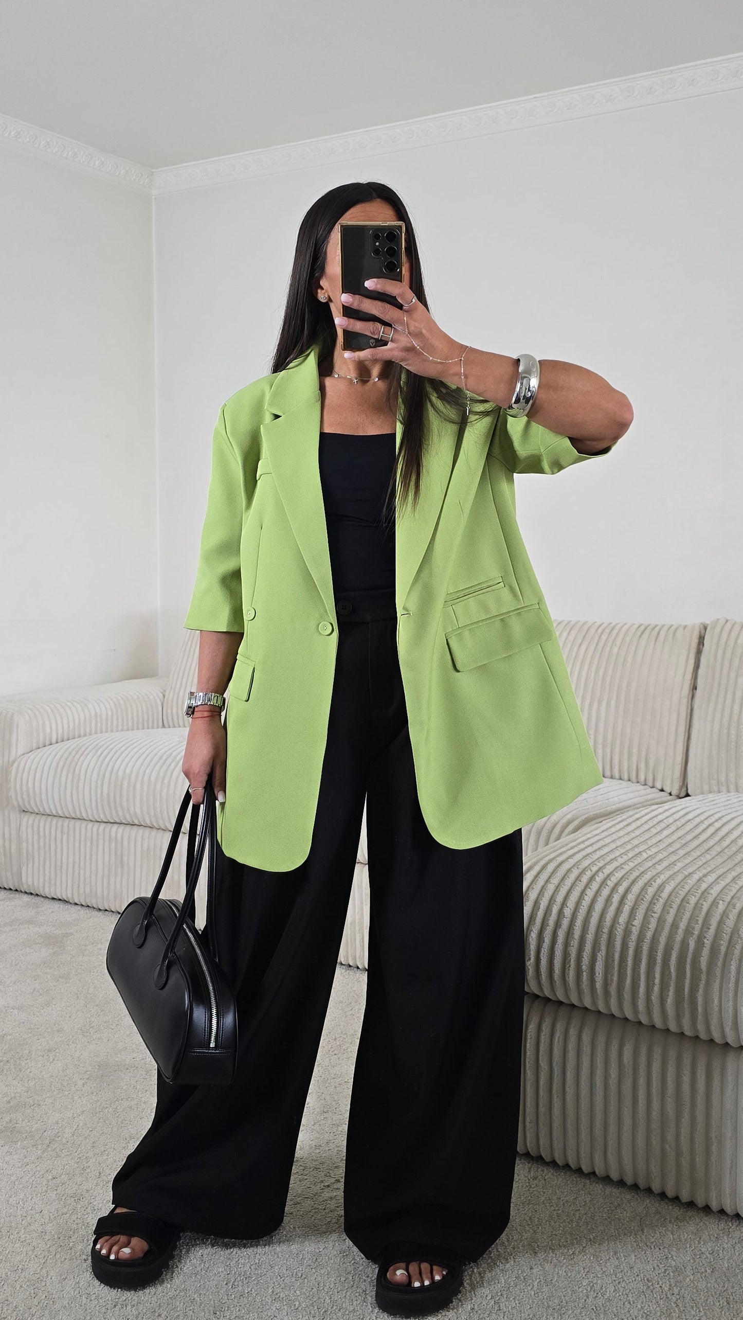Blazer vert matcha manches courtes ajustable – style chic & sophistiqué