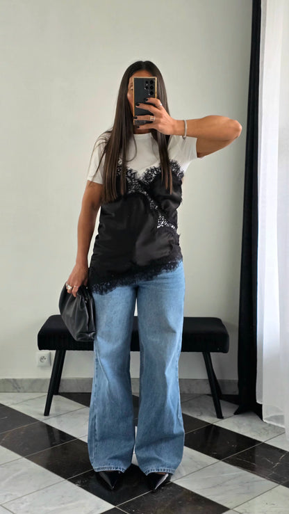 Débardeur Satiné à Dentelle – Noir