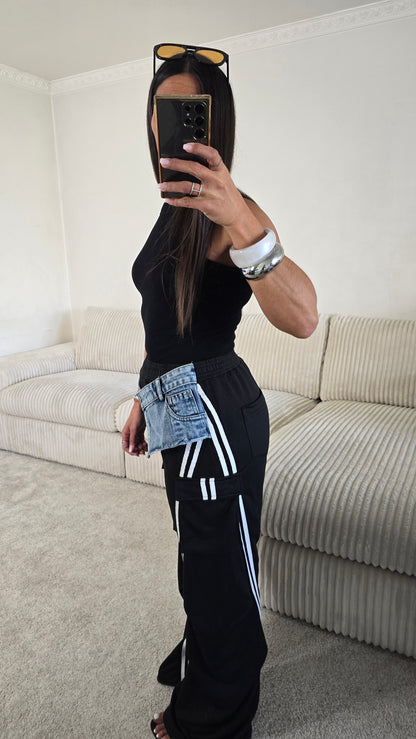 Pantalon jogging noir détails denim – esprit sporty chic