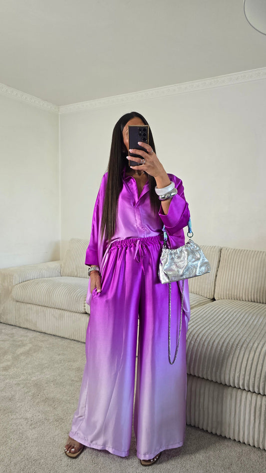 Pantalon satiné dégradé violet – effet tie & dye lumineux