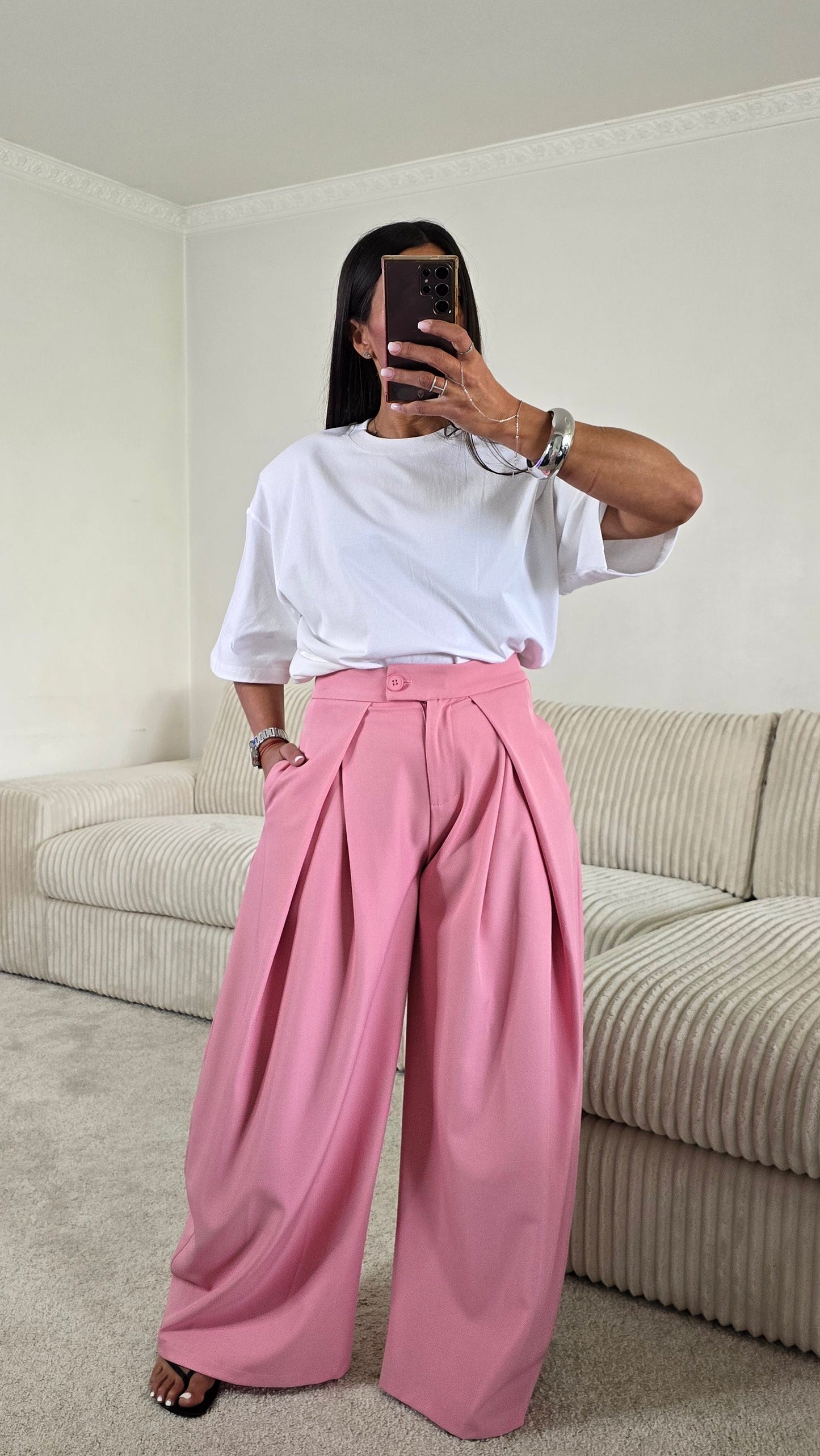 Pantalon palazzo rose taille haute fluide – style chic & moderne
