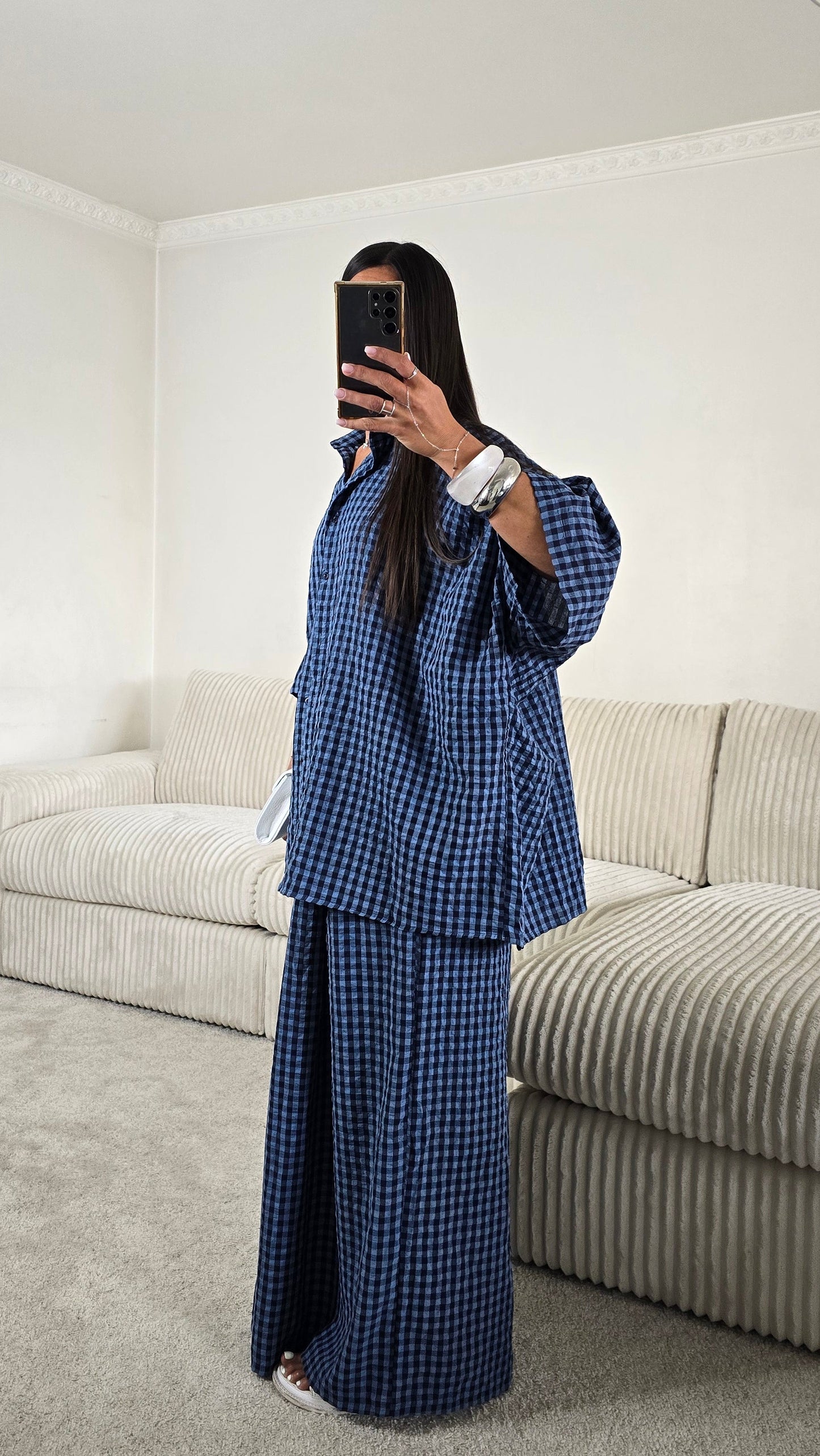 Ensemble oversize bleu à carreaux vichy