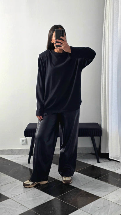 T-shirt structuré en coton noir à épaulettes