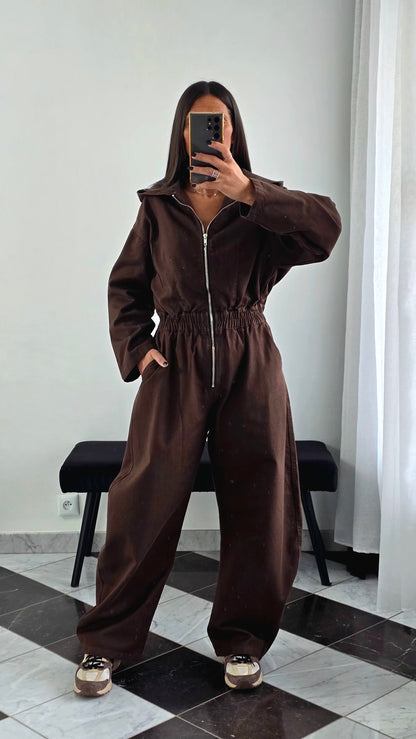 Combinaison chocolat en coton – zip & capuche