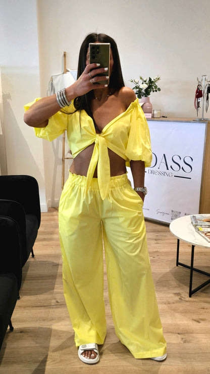 Ensemble 2 pièces coton jaune – Haut noué & pantalon large
