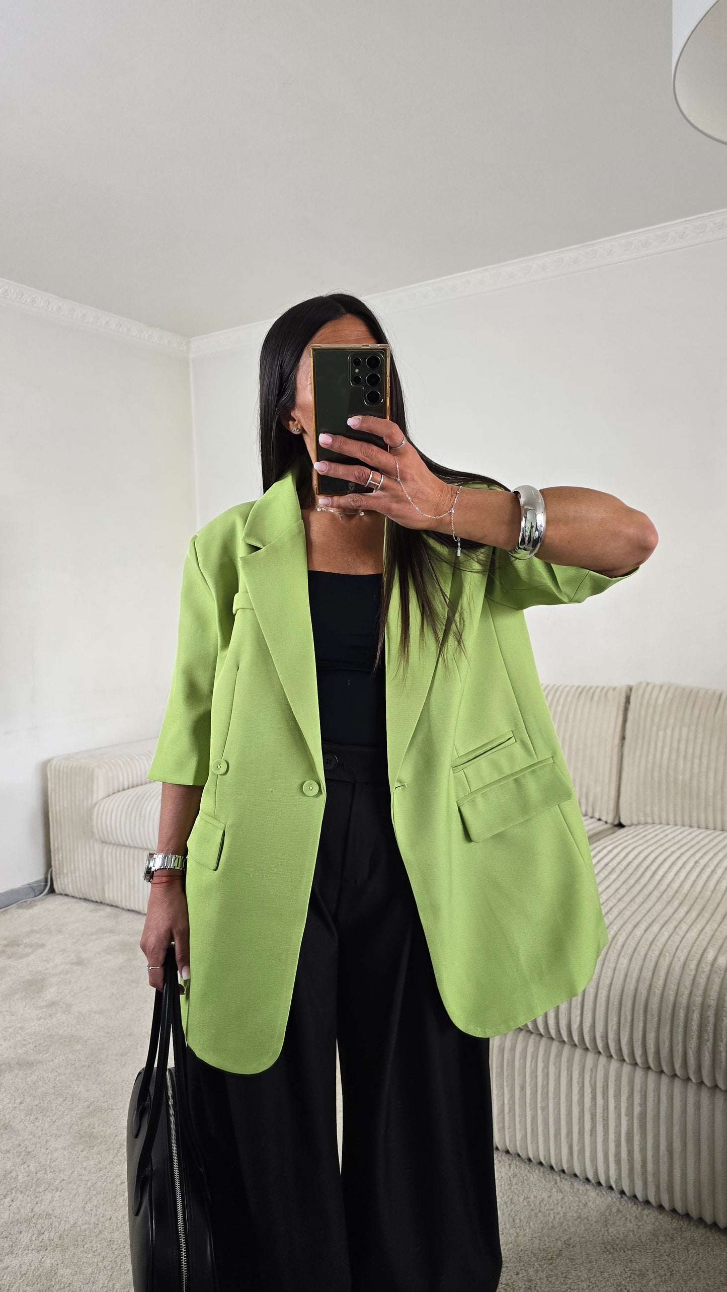 Blazer vert matcha manches courtes ajustable – style chic & sophistiqué