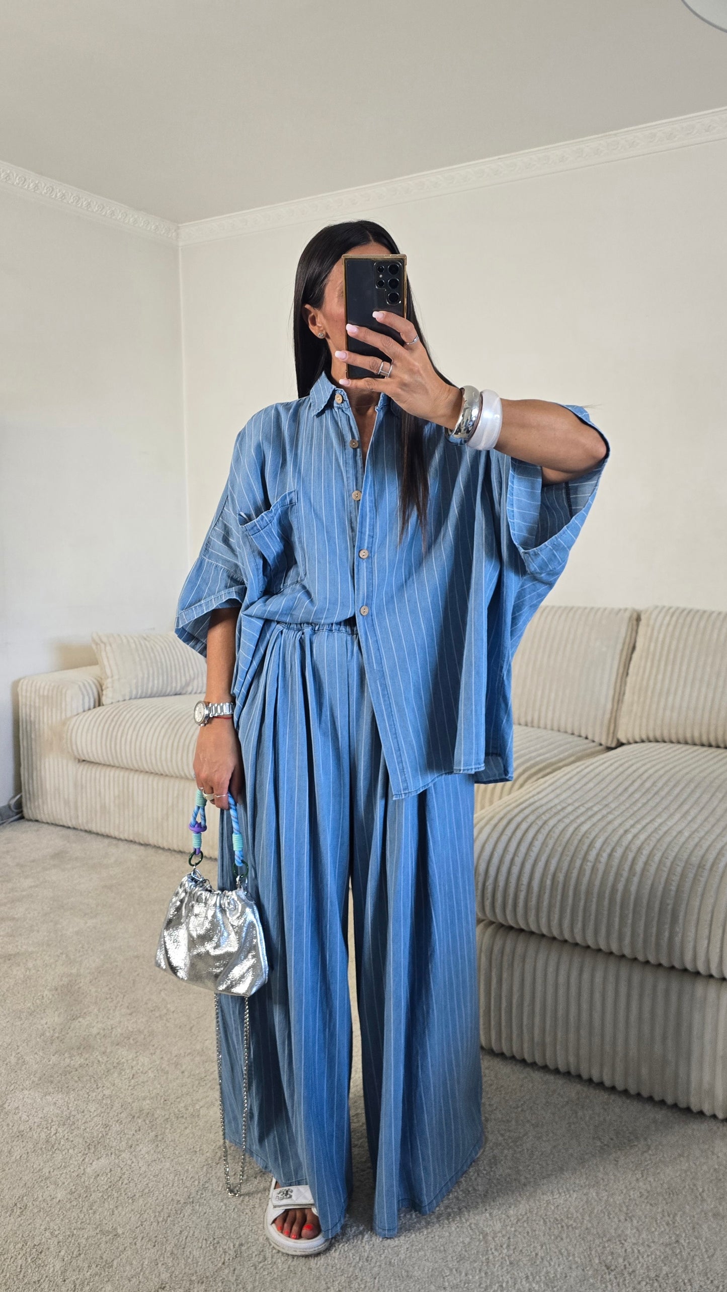 Ensemble esprit japanisant – bleu denim rayé