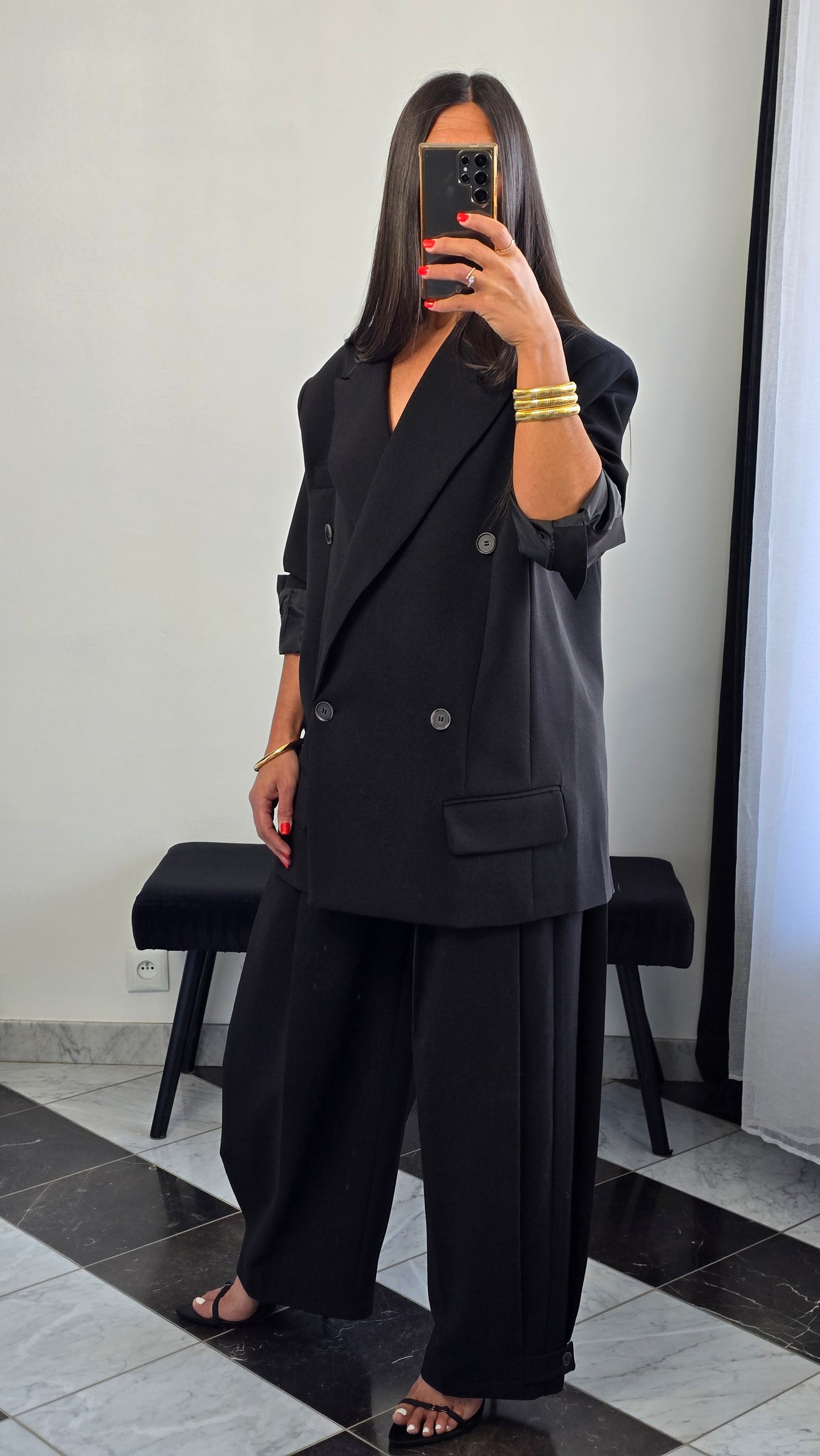 Blazer oversize noir – coupe tailoring structurée & double boutonnage