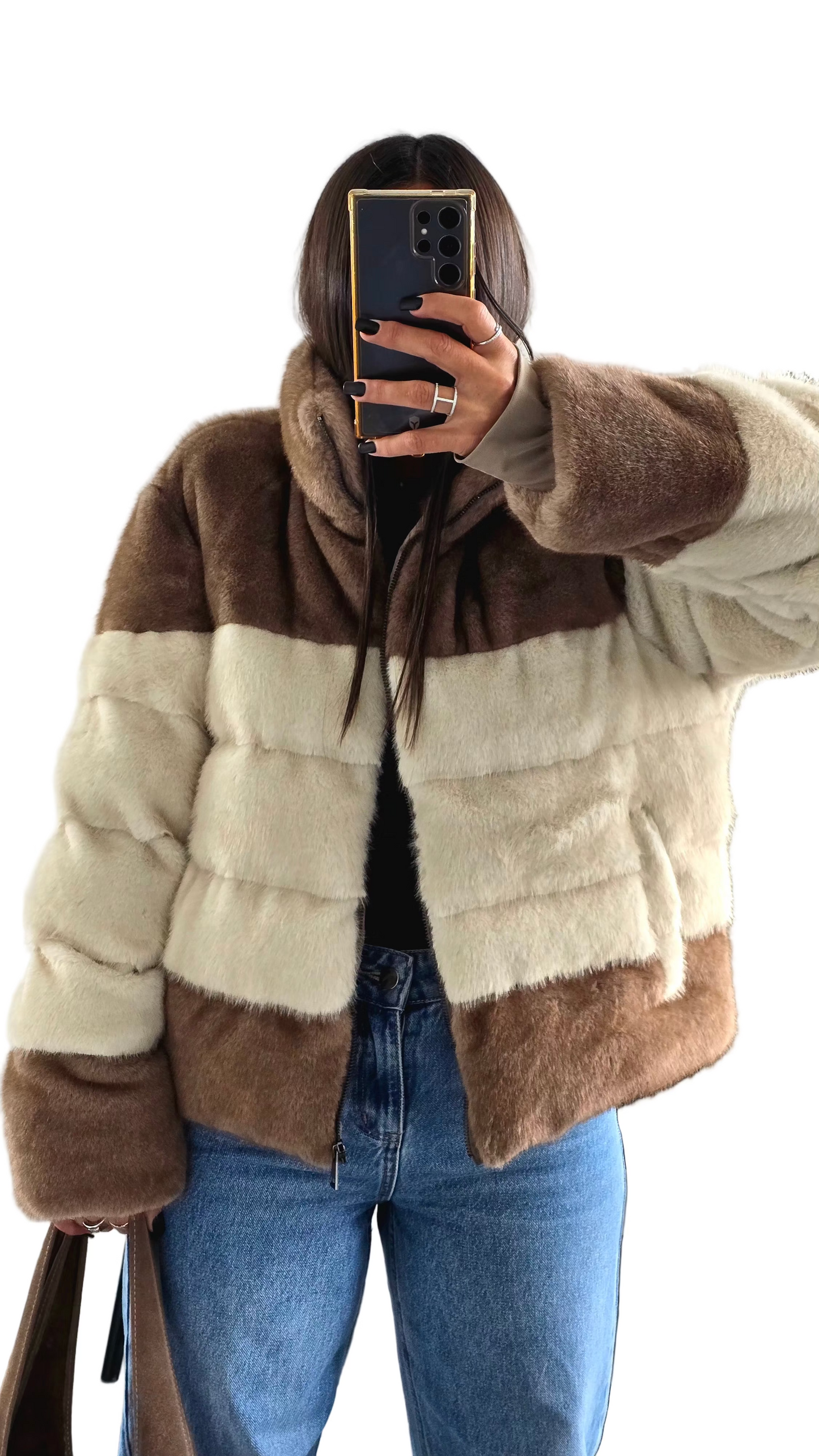 Manteau Effet Doudoune Bi-Color – Beige & Marron Clair