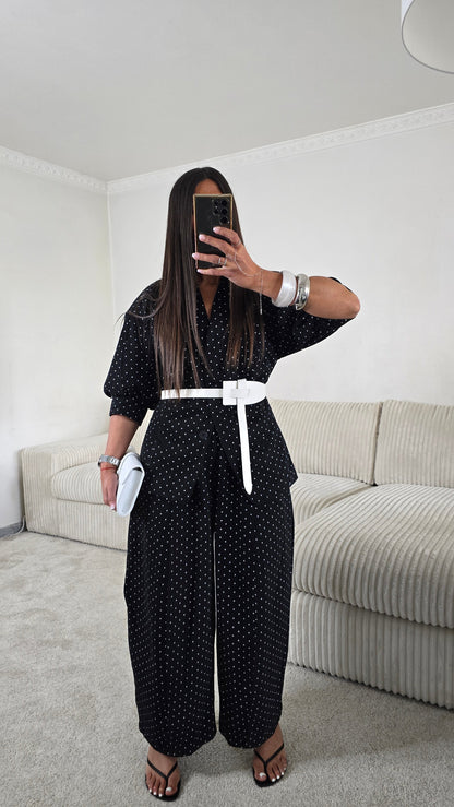Veste noire à pois manches courtes – style chic & rétro moderne