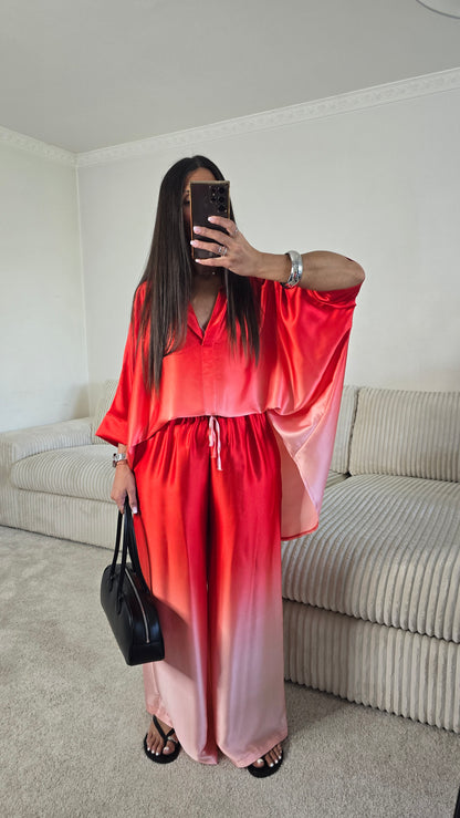 Pantalon satiné dégradé rouge & rose poudré – fabrication française