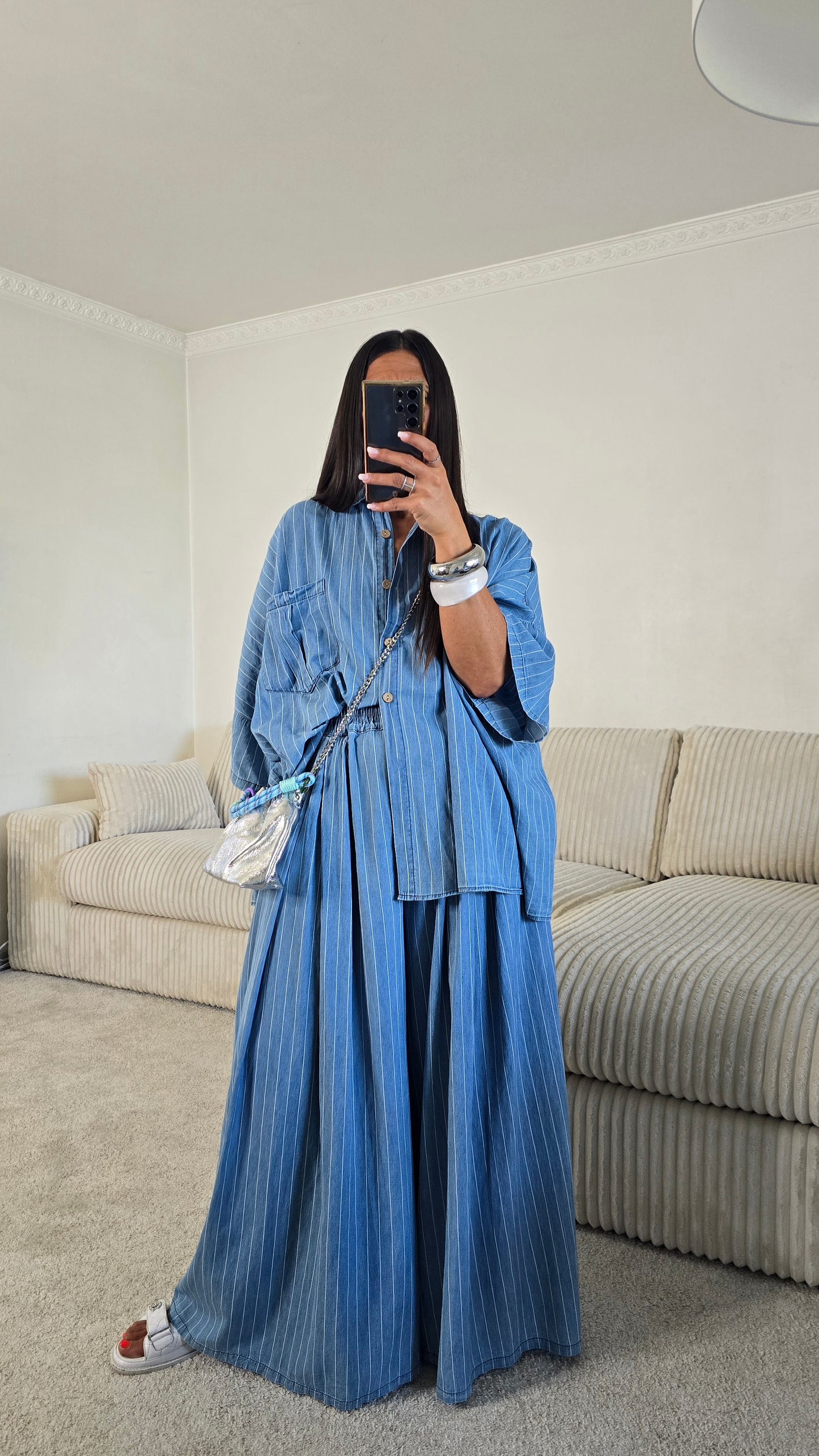 Ensemble esprit japanisant – bleu denim rayé