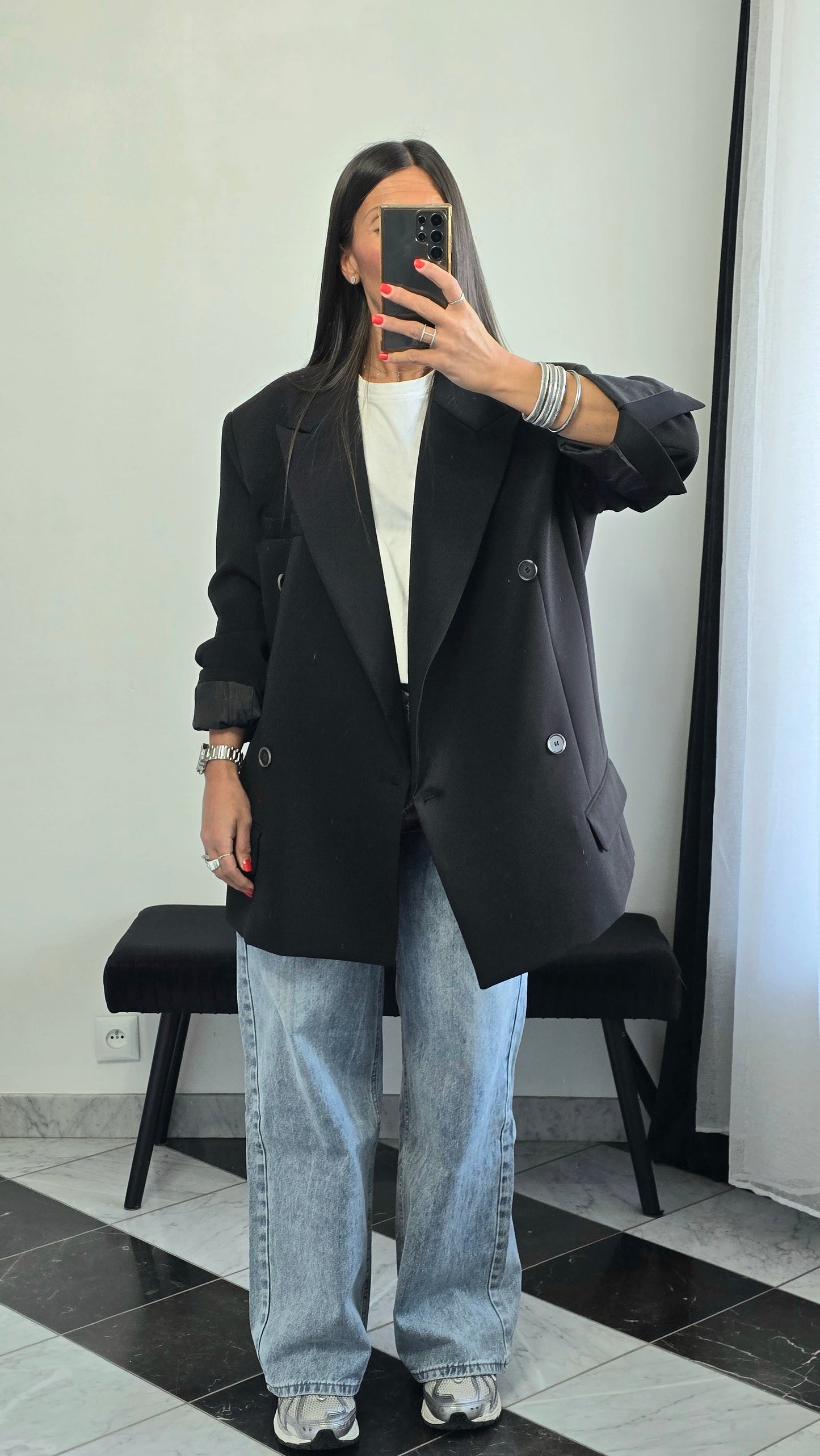 Blazer oversize noir – coupe tailoring structurée & double boutonnage
