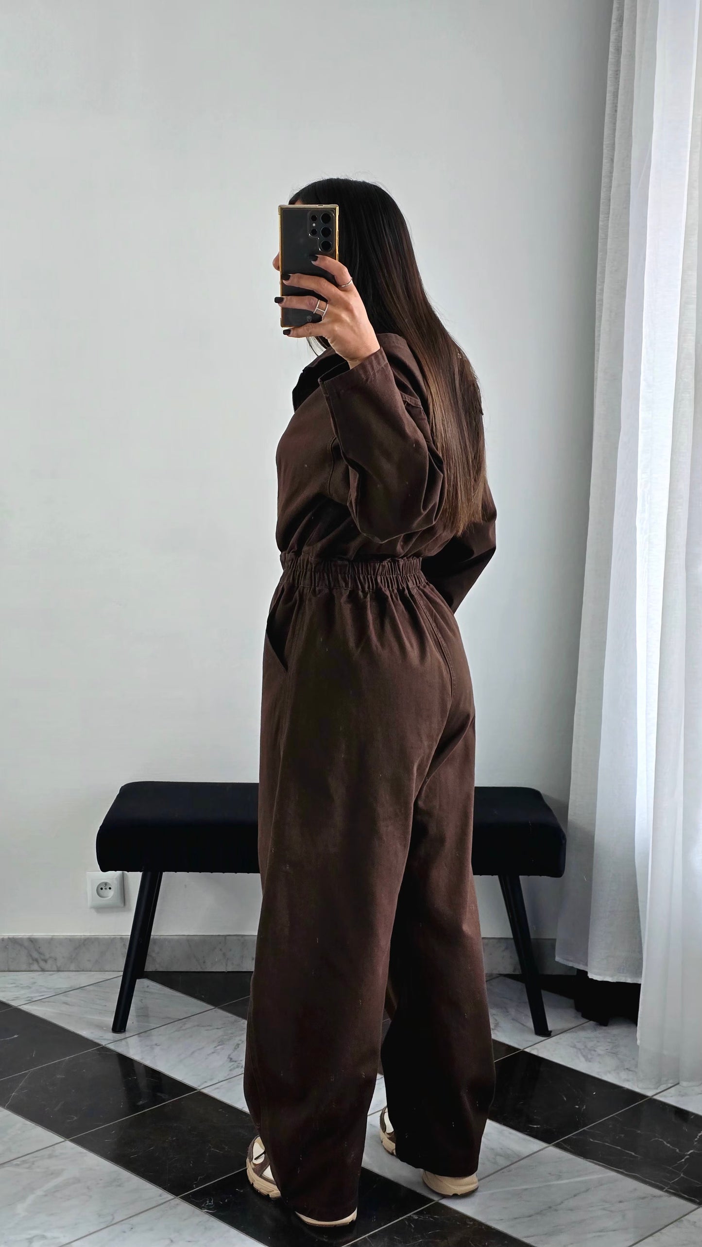 Combinaison chocolat en coton – zip & capuche