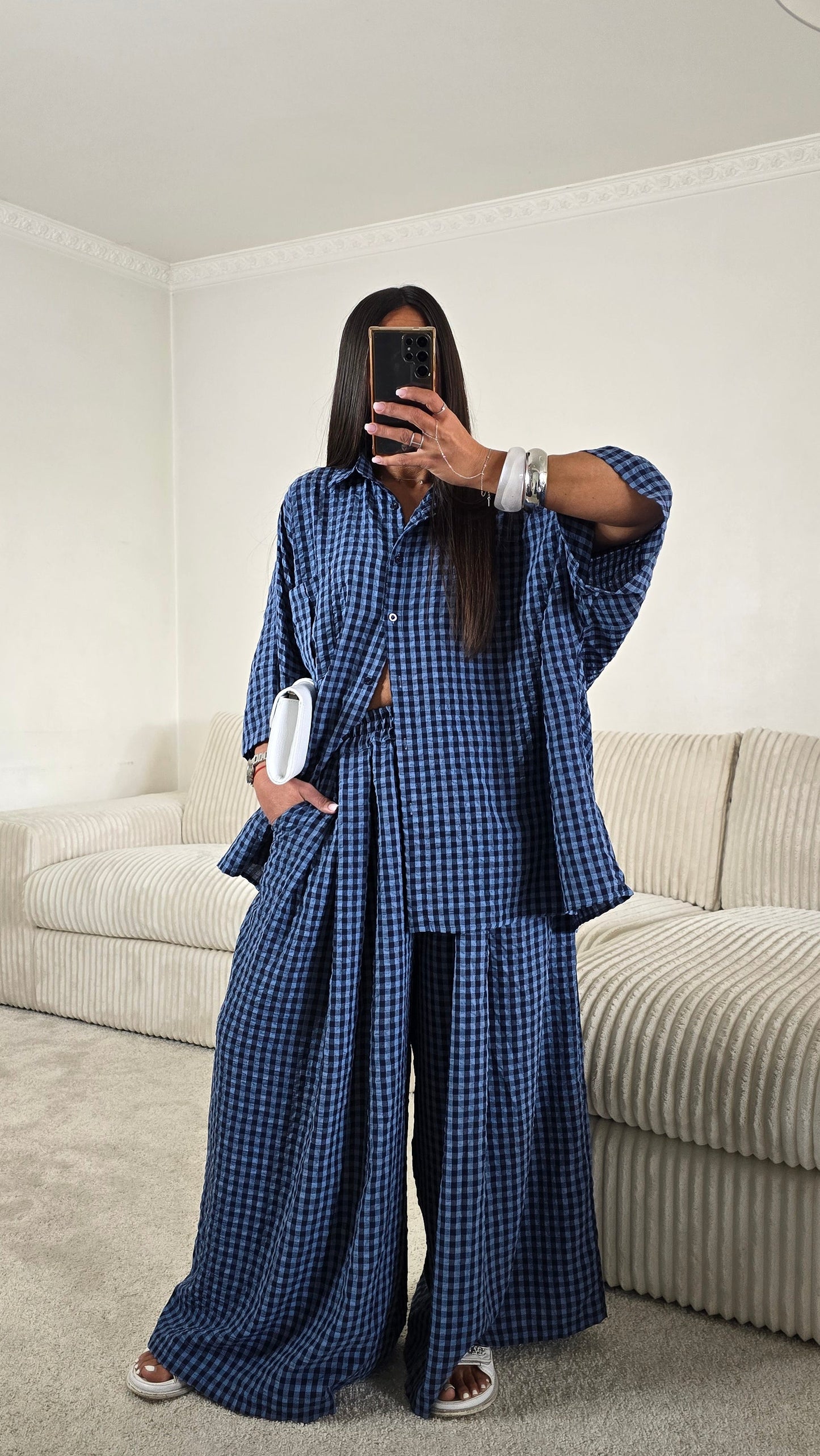 Ensemble oversize bleu à carreaux vichy