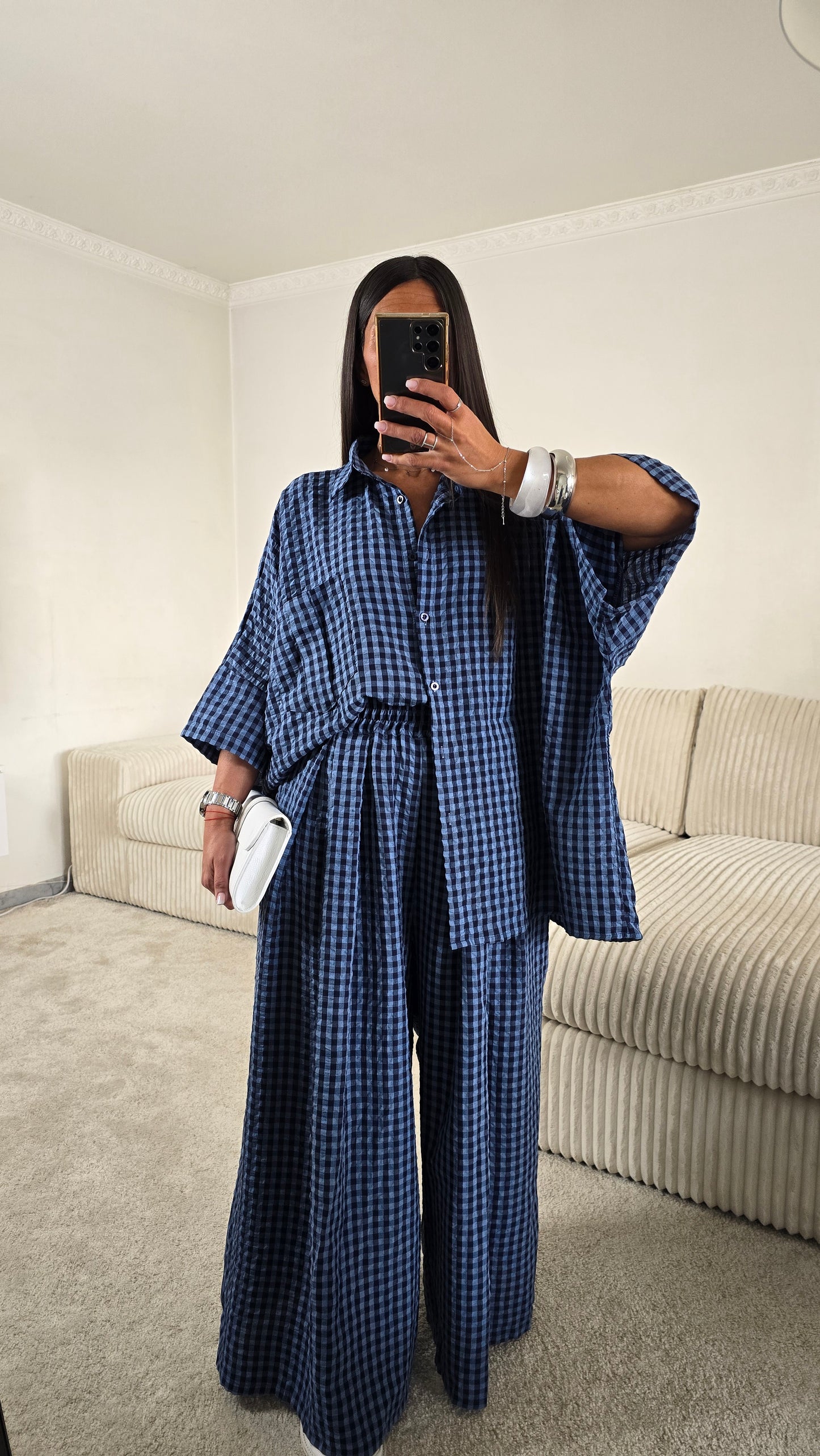 Ensemble oversize bleu à carreaux vichy