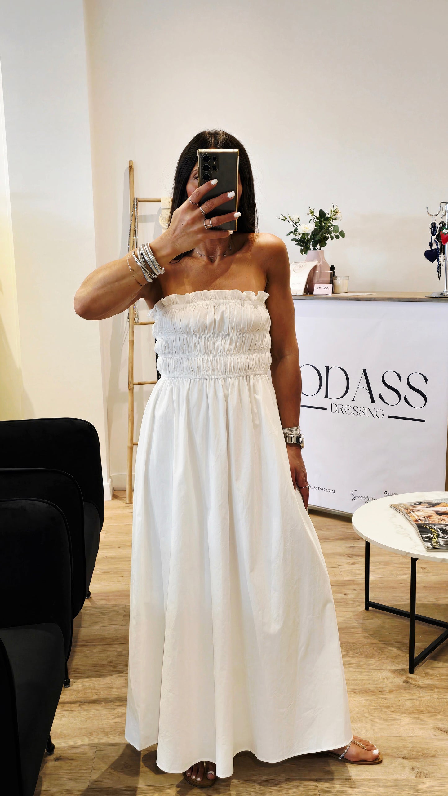 Robe longue smockée en popeline – 100 % coton