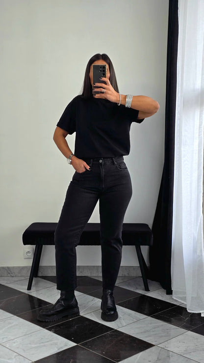 Jean Mom fit Taille Haute – Noir Profond
