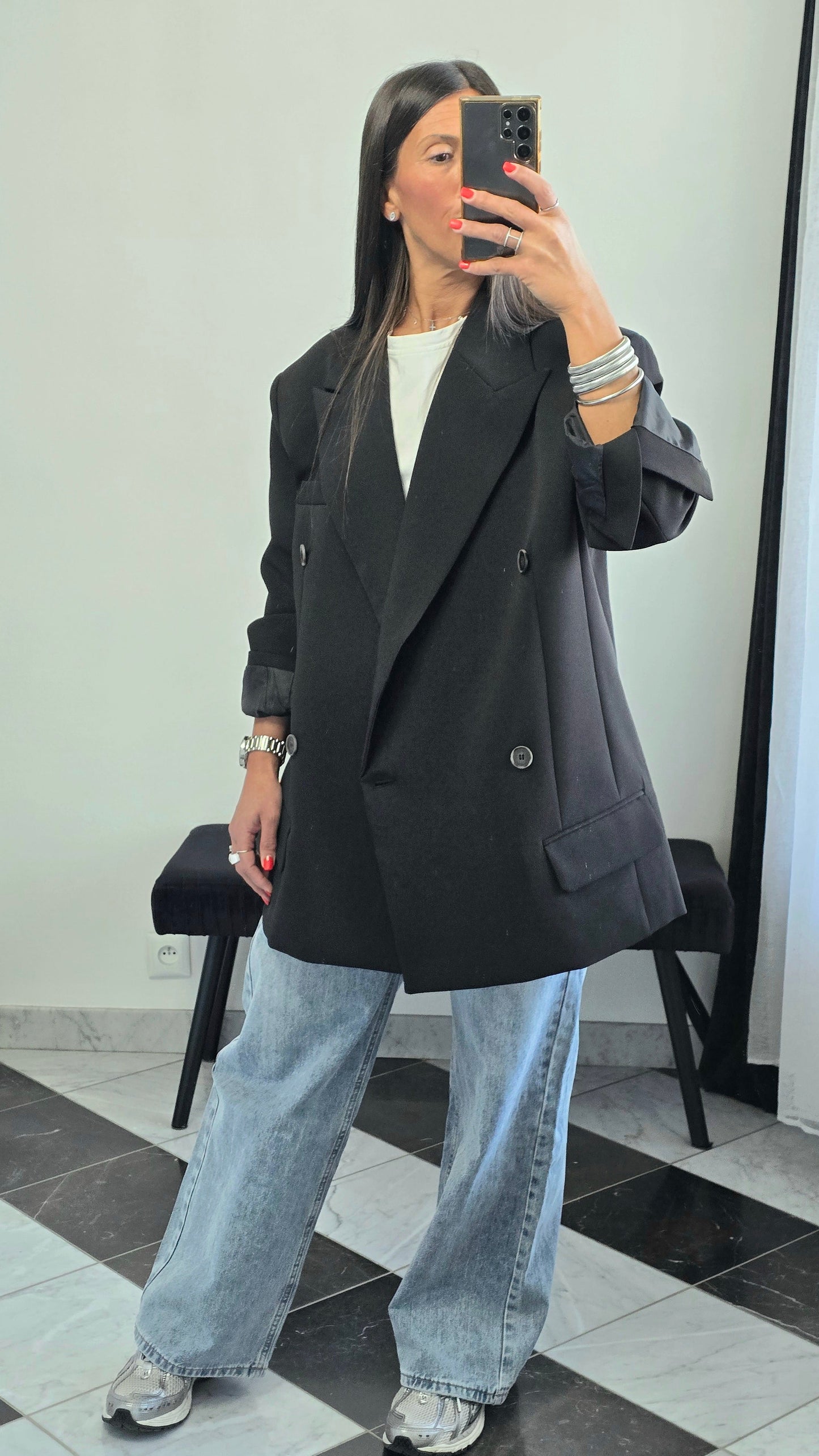 Blazer oversize noir – coupe tailoring structurée & double boutonnage