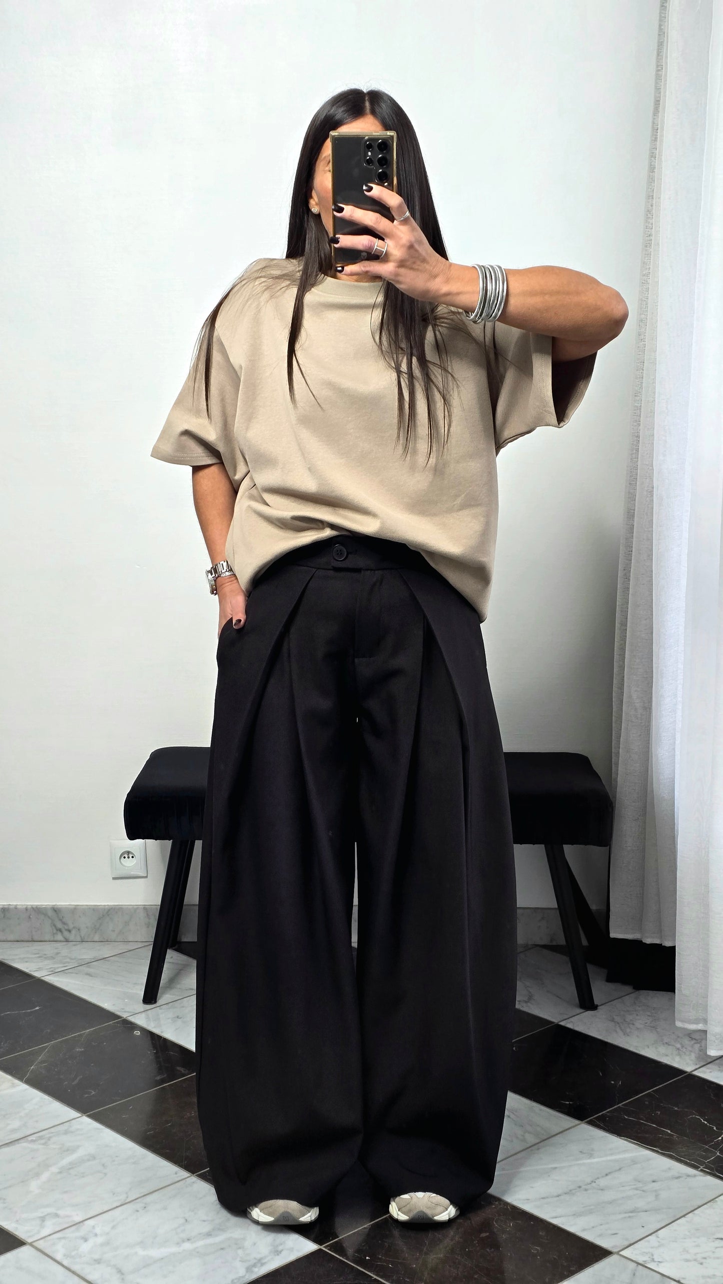 T-shirt à épaulettes taupe en coton épais