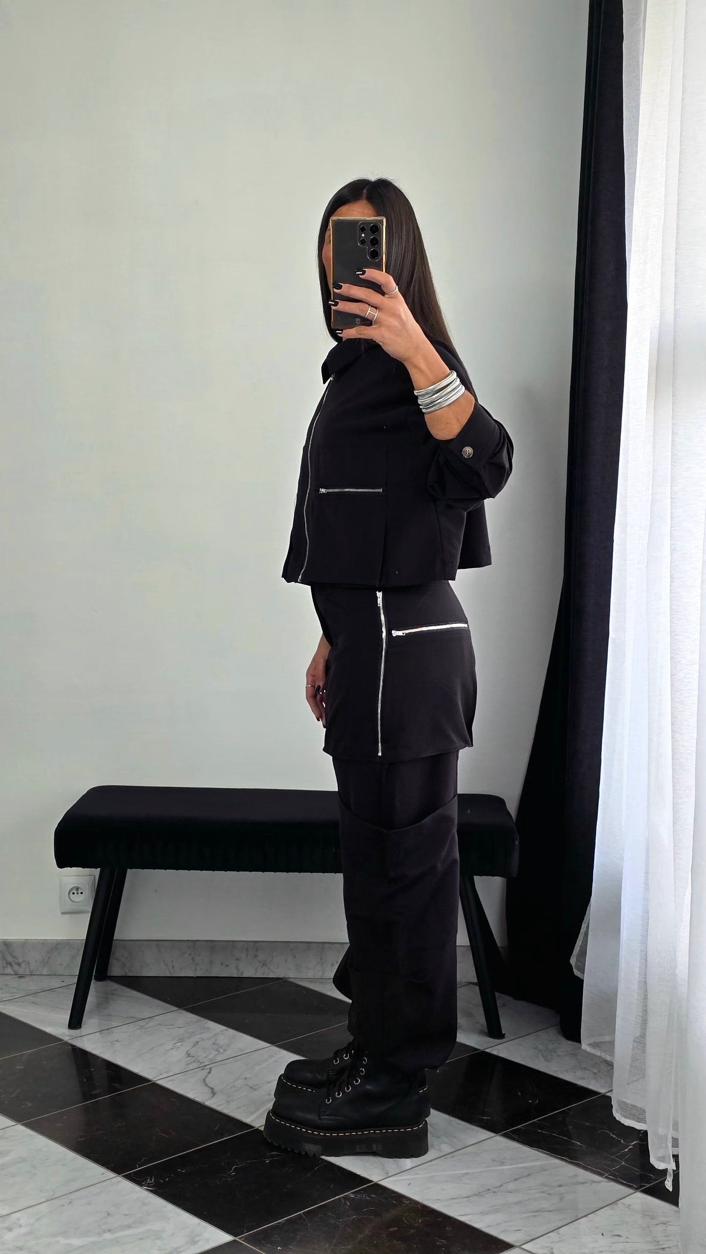 Veste Zippée Courte – Noir Coordonnée Cargo