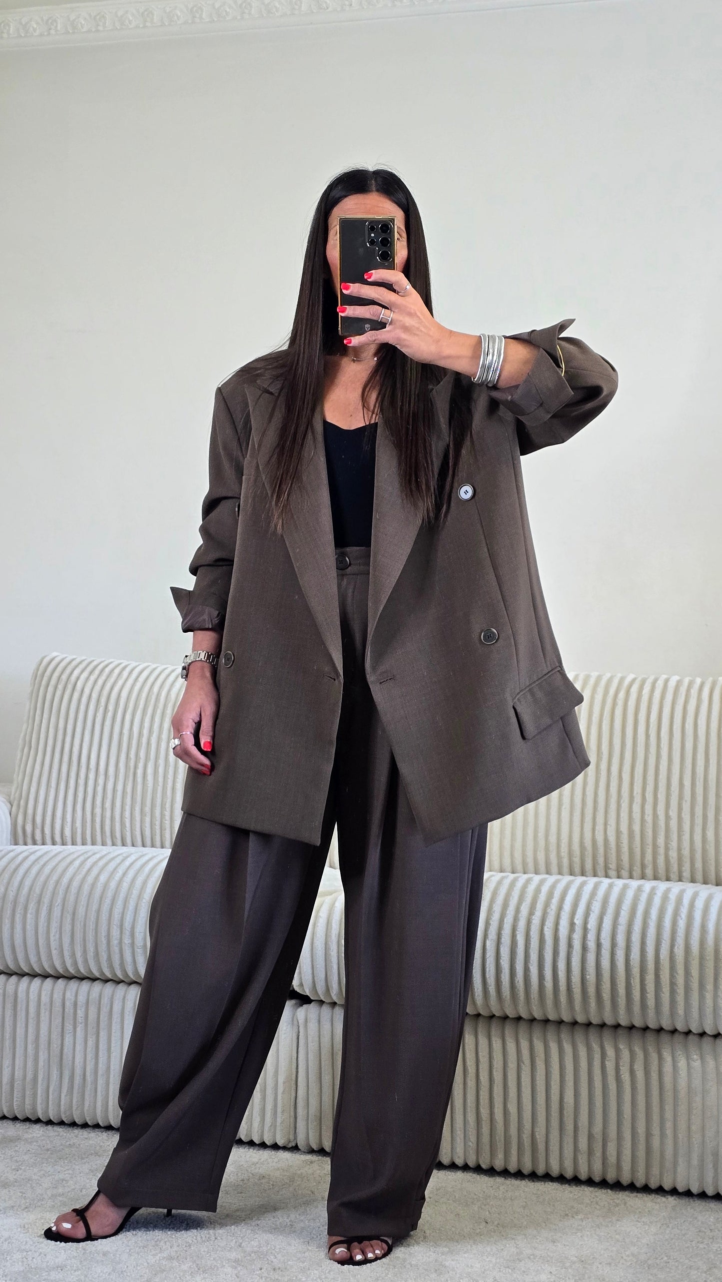 Blazer oversize chocolat – coupe tailoring structurée & double boutonnage