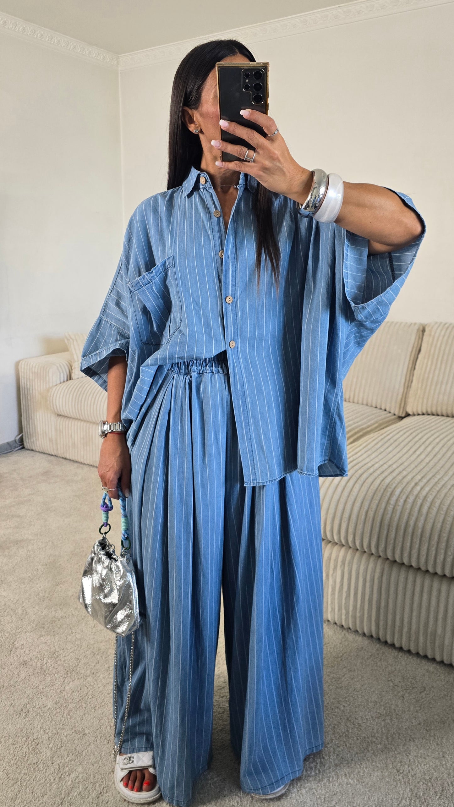 Ensemble esprit japanisant – bleu denim rayé