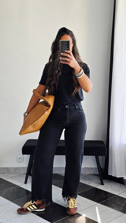 🖤 Jean Balloon Crop – Noir Effet Brut