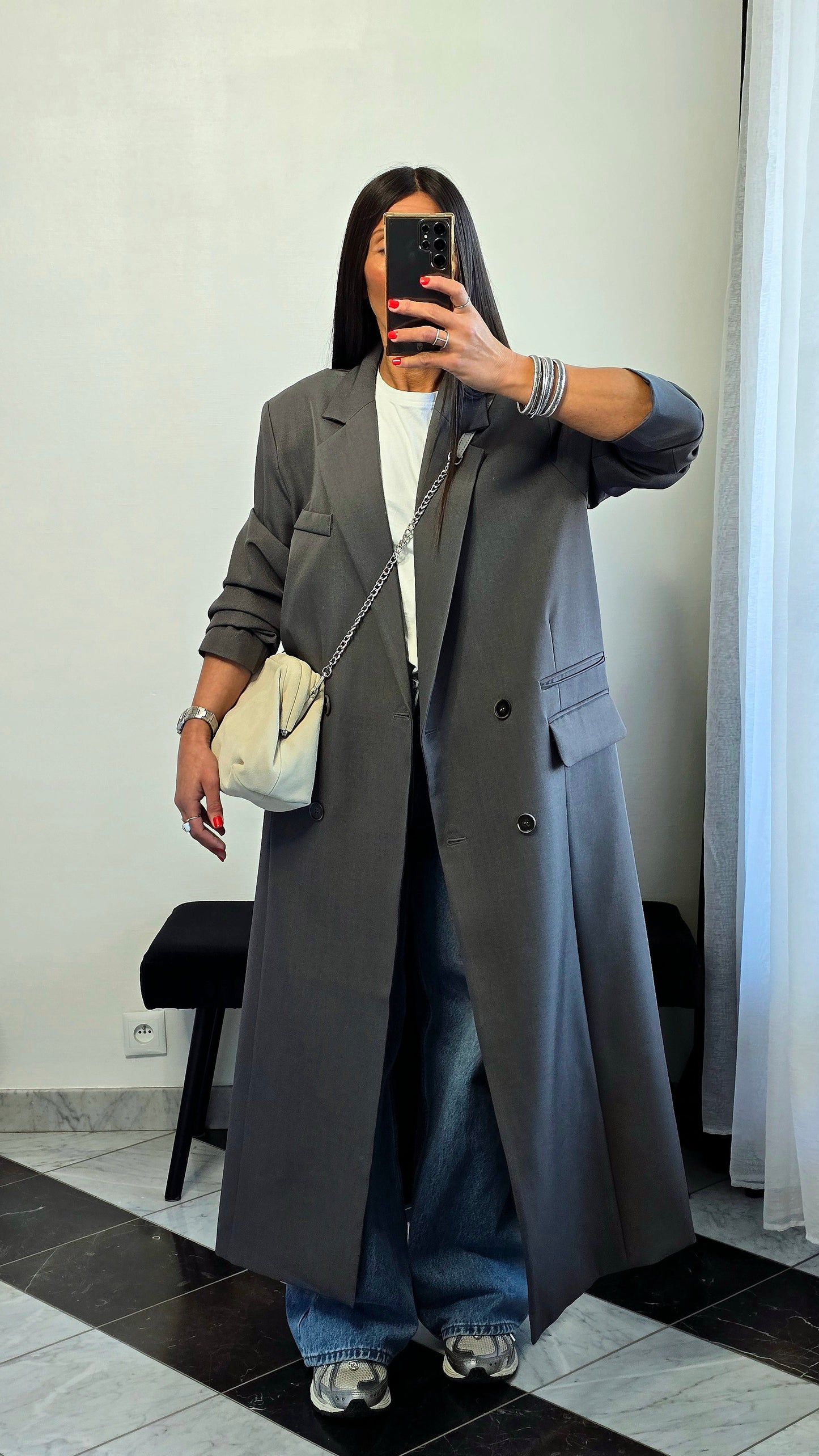 Blazer long oversize gris – coupe signature SOÉLA