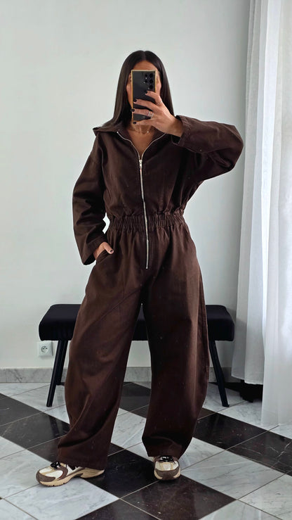 Combinaison chocolat en coton – zip & capuche