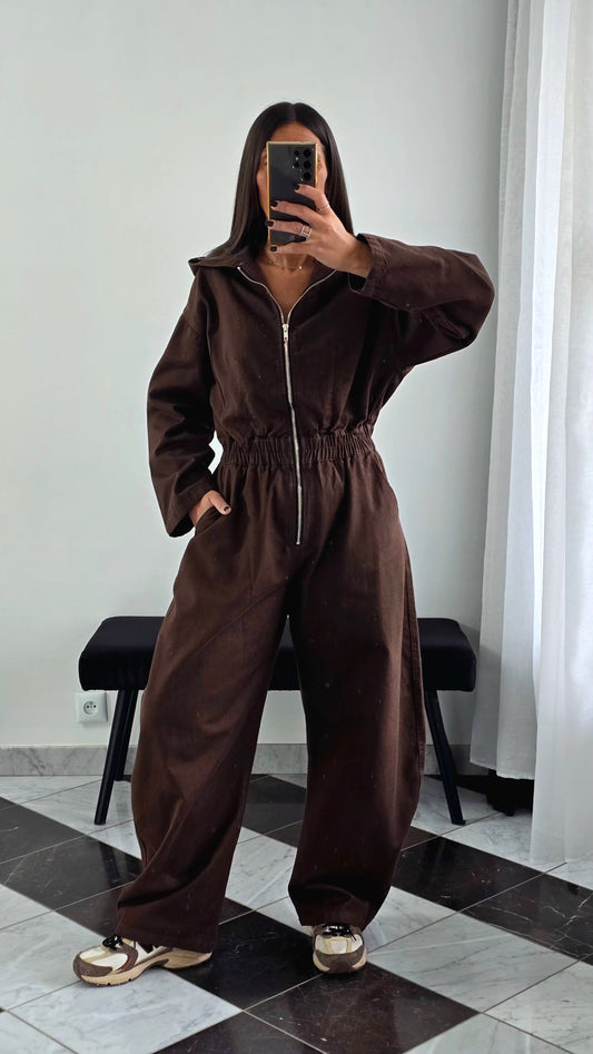 Combinaison chocolat en coton – zip & capuche