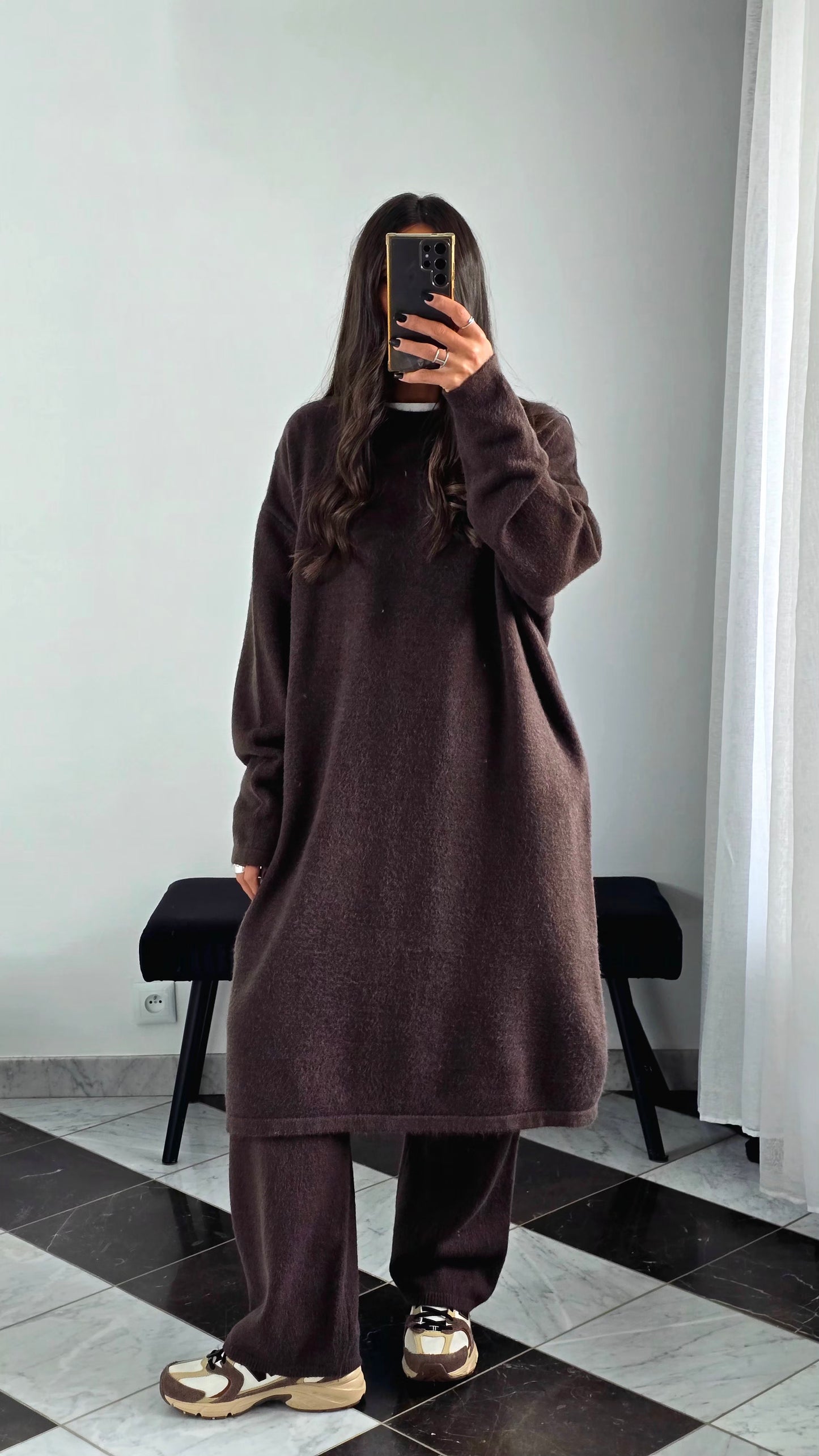 Ensemble Robe + Pantalon Maille Épaisse – Marron