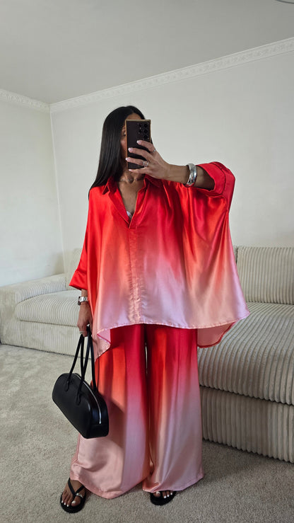 Chemisier satiné dégradé rouge & rose poudré – fabrication française