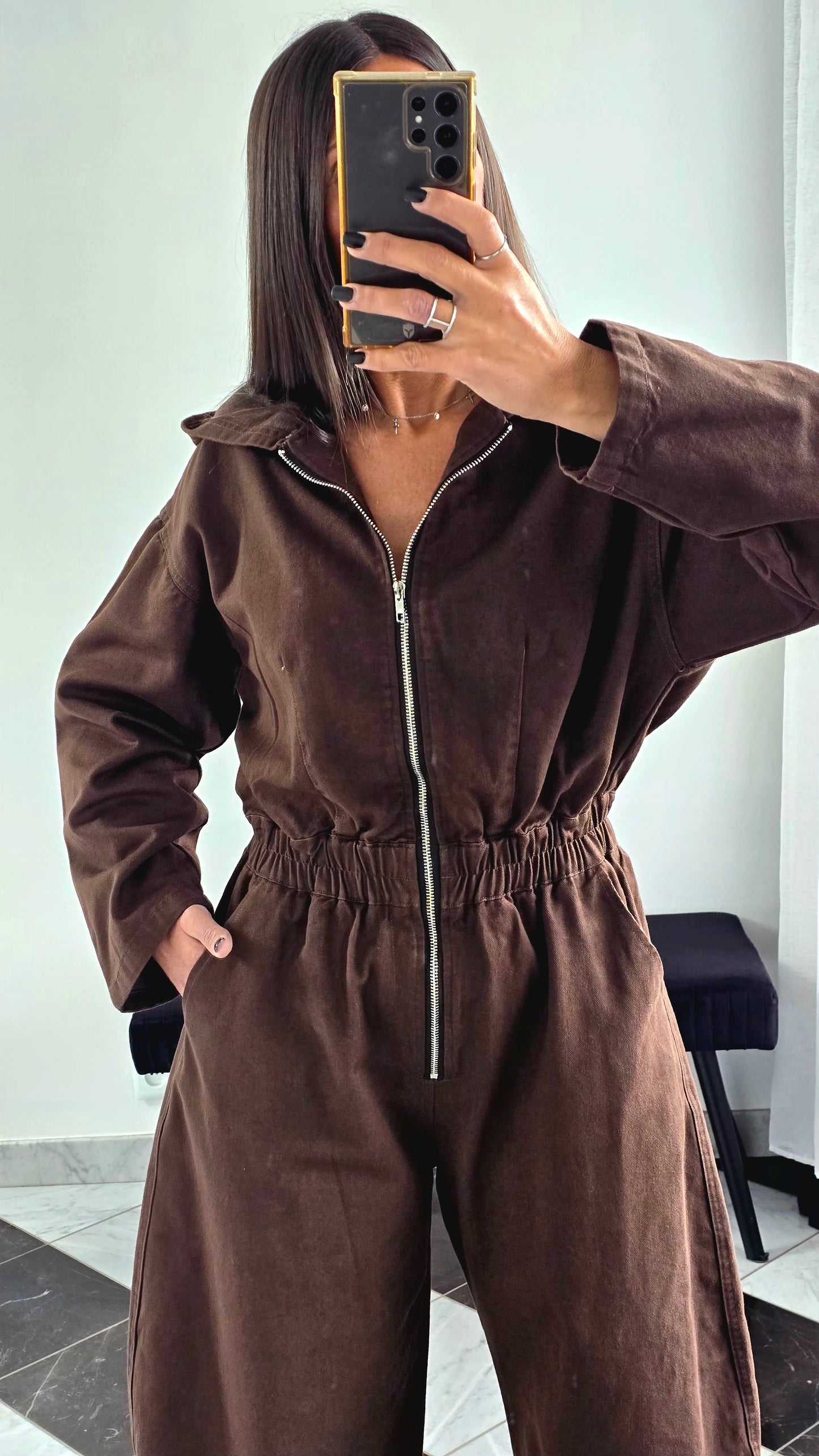 Combinaison chocolat en coton – zip & capuche