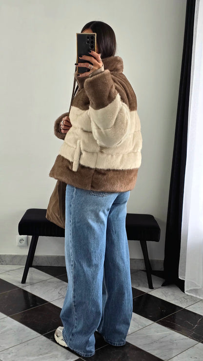 Manteau Effet Doudoune Bi-Color – Beige & Marron Clair