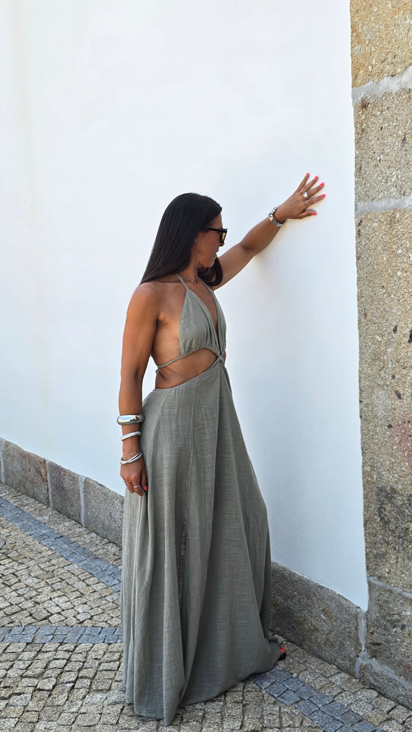 Robe longue dos nu - kaki clair
