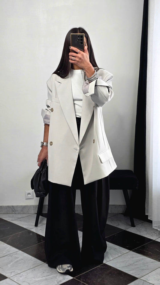 Blazer oversize gris clair – coupe tailoring structurée & double boutonnage