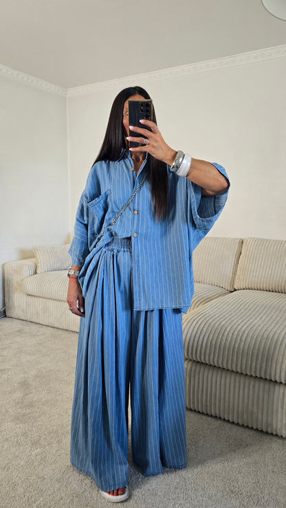 Ensemble esprit japanisant – bleu denim rayé