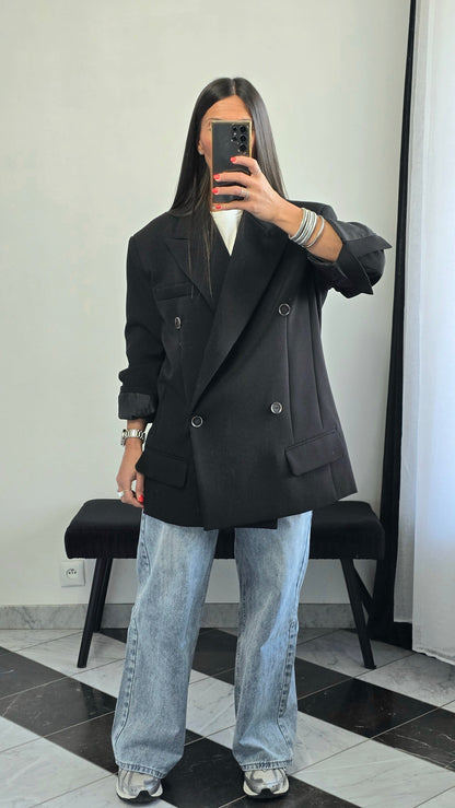 Blazer oversize noir – coupe tailoring structurée & double boutonnage