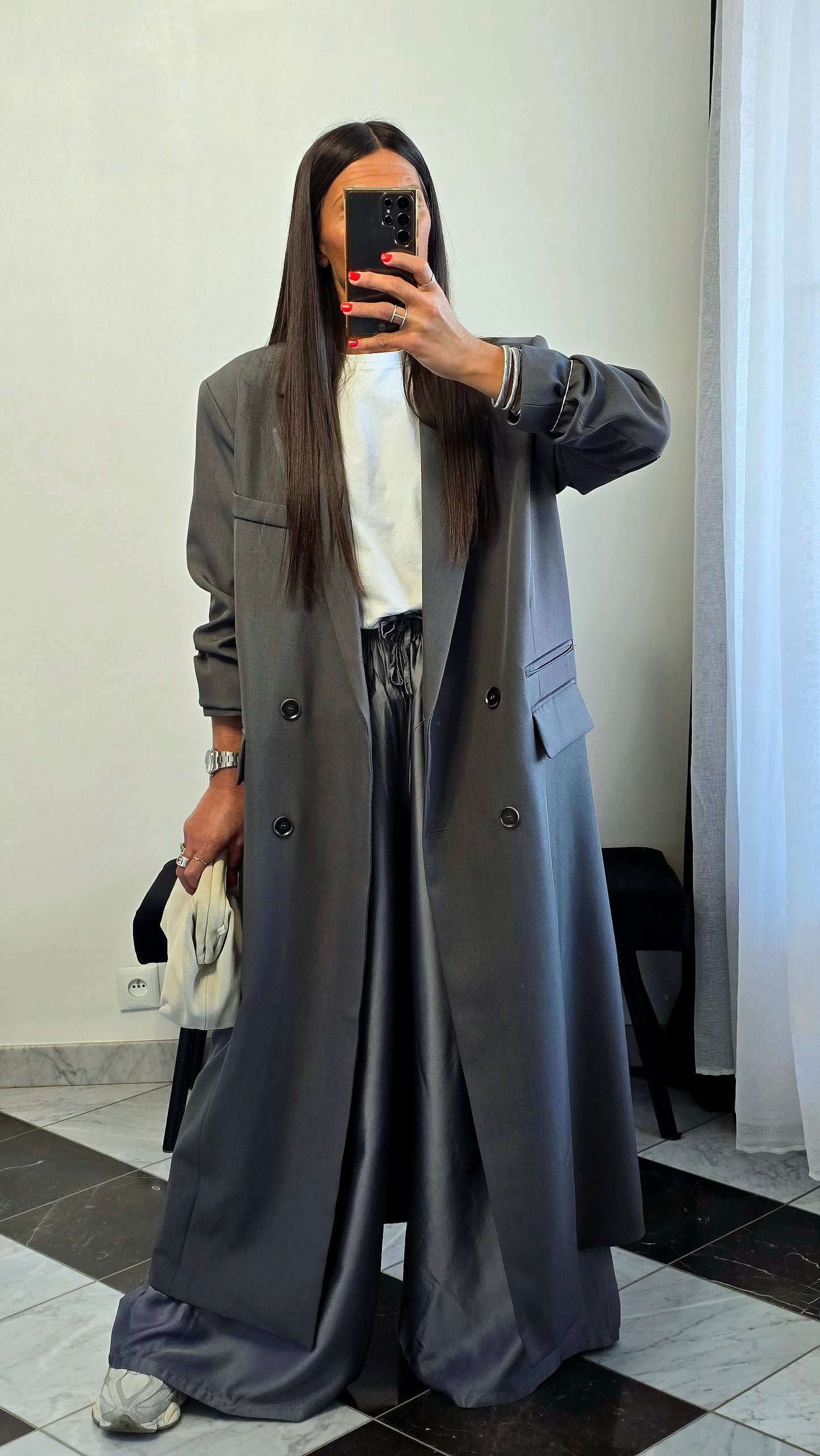 Blazer long oversize gris – coupe signature SOÉLA