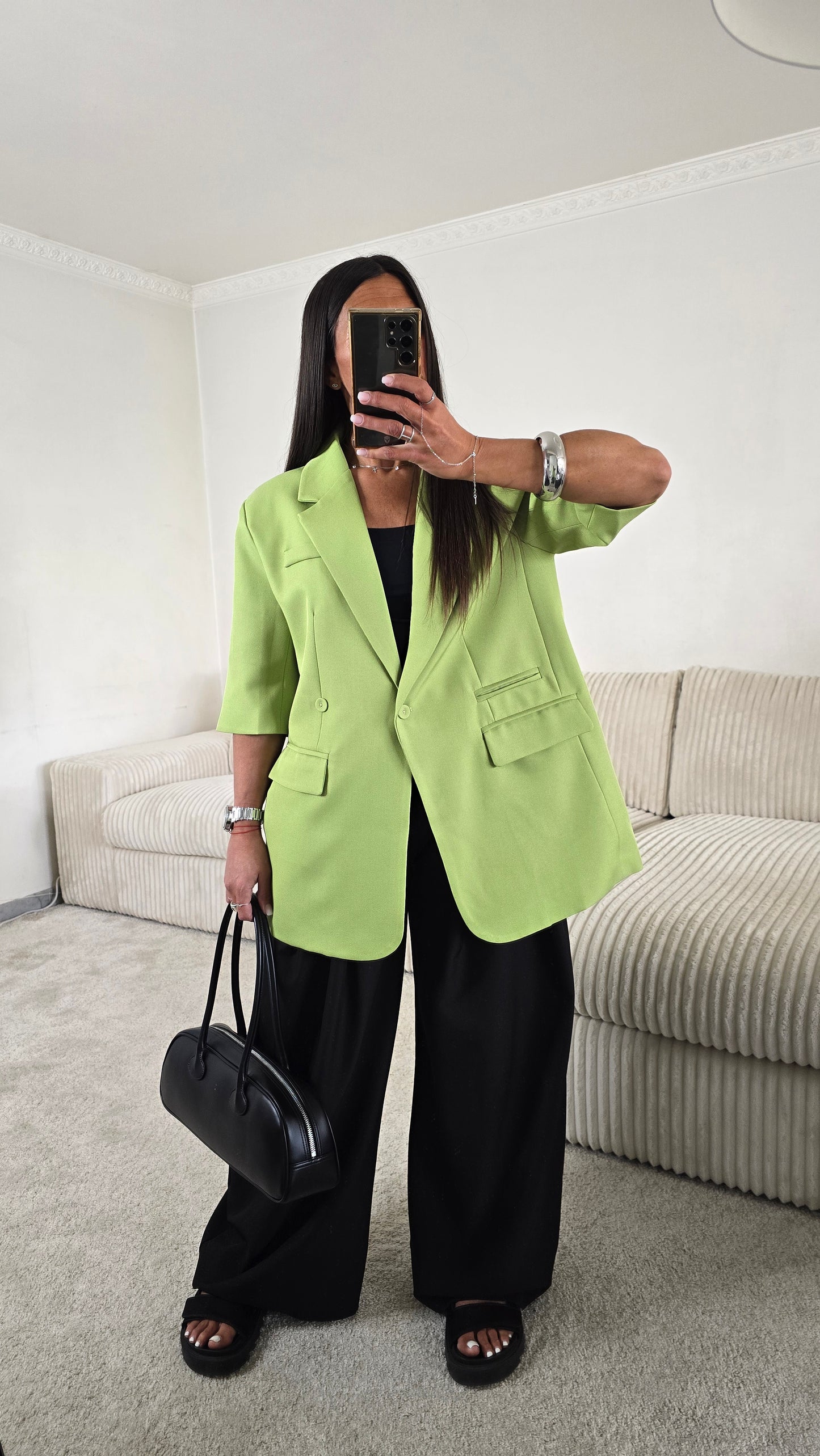 Blazer vert matcha manches courtes ajustable – style chic & sophistiqué