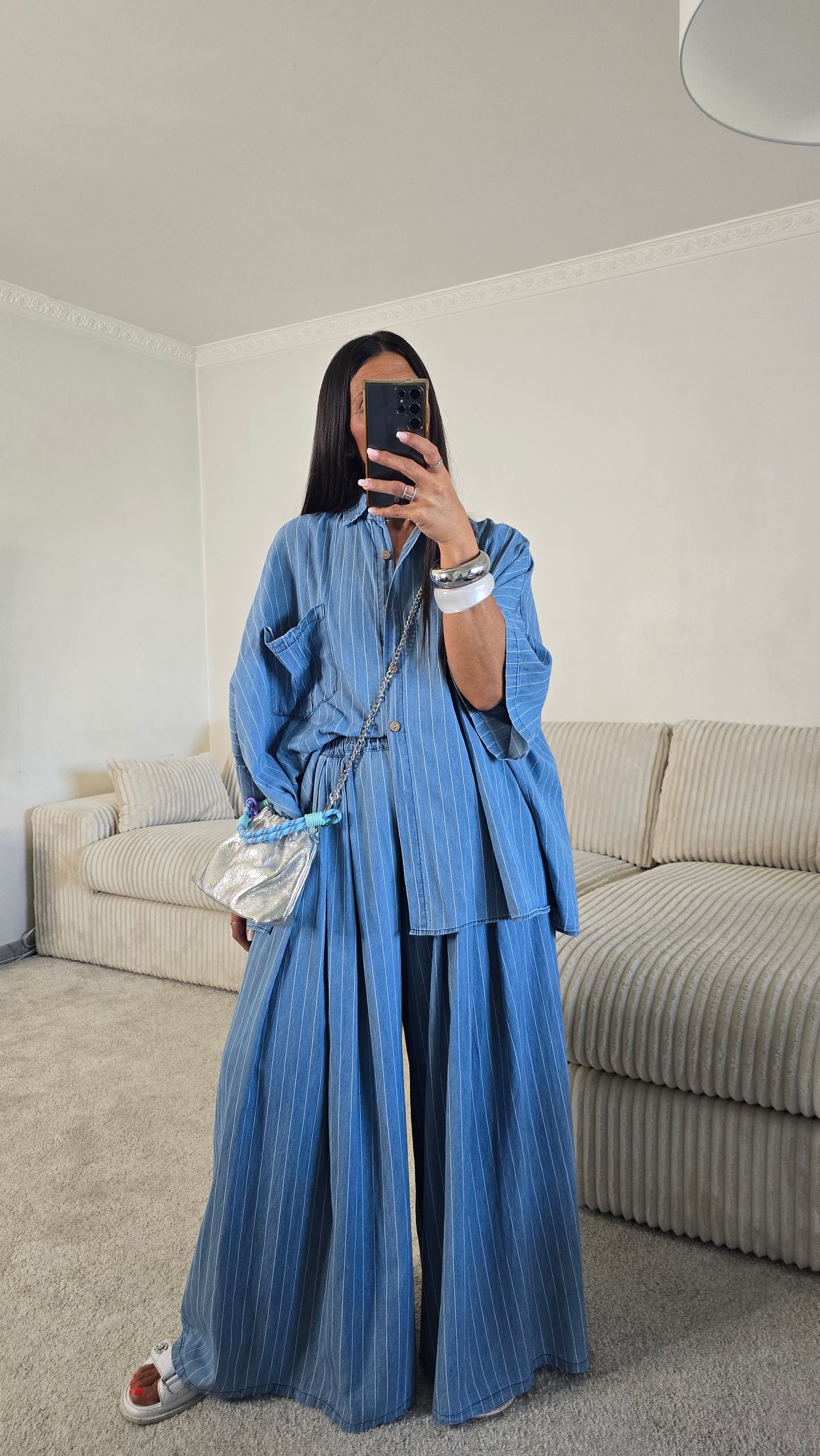 Ensemble esprit japanisant – bleu denim rayé