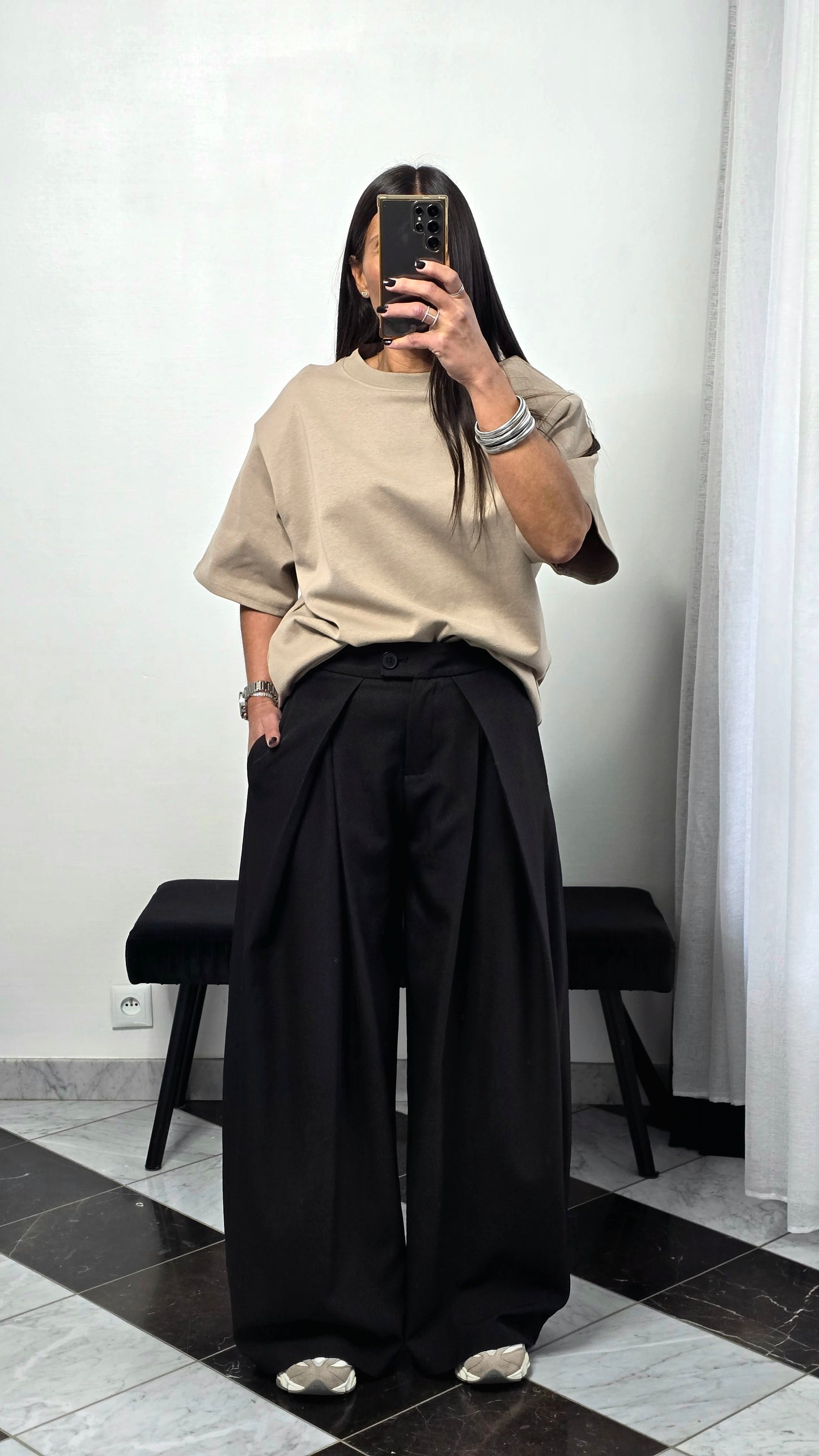 T-shirt à épaulettes taupe en coton épais