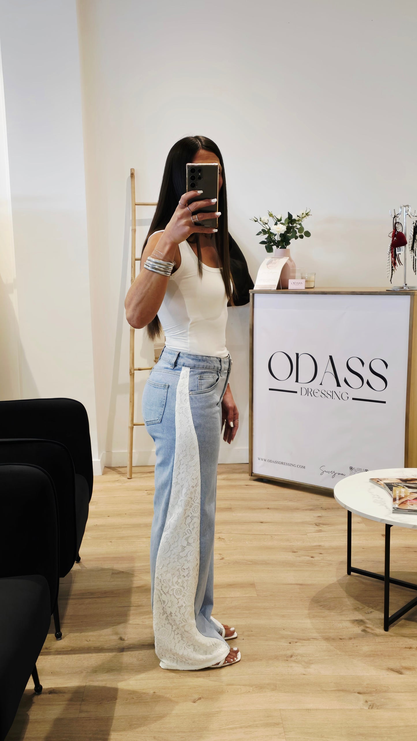 Jean Wide Leg Détail Dentelle - Bleu Clair